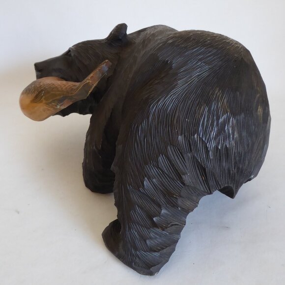 VINTAGE LARGE HOKKAIDO JAPAN JAPANESE AINU HAND CARVED WOOD BEAR WITH SALMON - Picture 7 of 14
